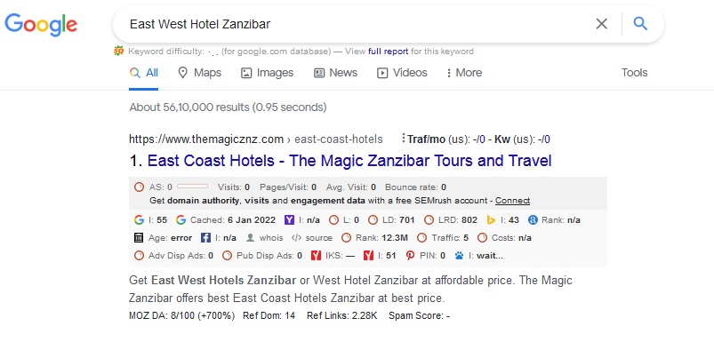 Keywords Ranking On East West Hotels Zanzibar